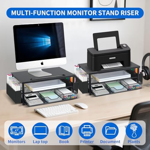 AUPSEN Wood Computer Monitor Stand Riser, 2-Tier Black Desk Organizer with Drawer, Pen Storage & Phone Holder ，Office Desk Accessories Desktop Organizer for Office Supplies (Black)