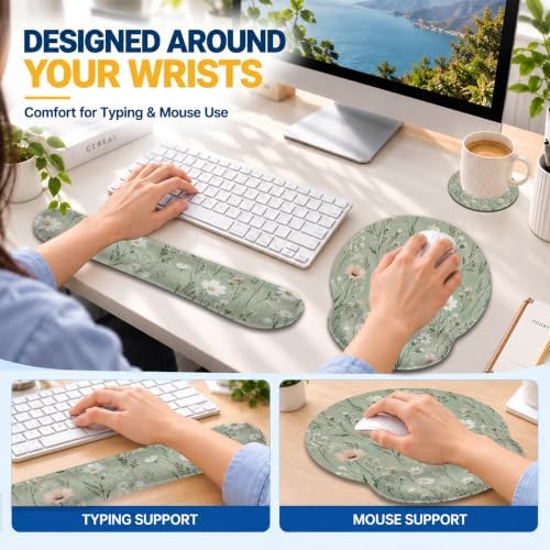 Green Wildflowers Ergonomic Wrist Rest Mouse Pad Set with Keyboard Cushion