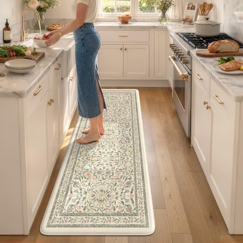KIMODE Kitchen Mats Cushioned Anti Fatigue, Farmhouse Flower Kitchen Runner Rug, Modern Kitchen Mats for Floor, Padded Kitchen Floor Mats, Beige Home Decor for Sink Laundry Office Bedroom 24"x71"