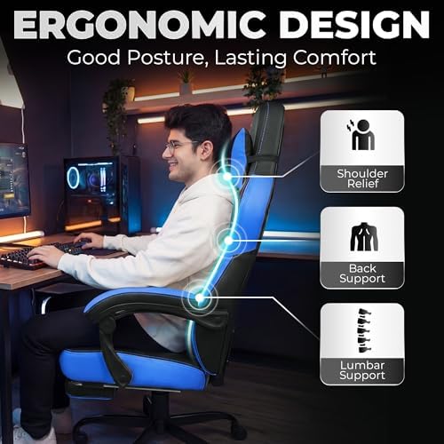 N-GEN GAMING Big & Tall Gaming Chair with Footrest, Lumbar Support, Blue