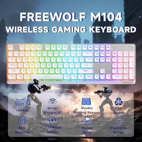 Free wolf M104 Full Size Wireless Gaming Keyboard Tri-Mode - White
