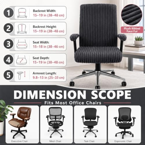Tegeme Set of 4 Faux Fur Office Chair Covers with Armrest Covers, Dark Gray
