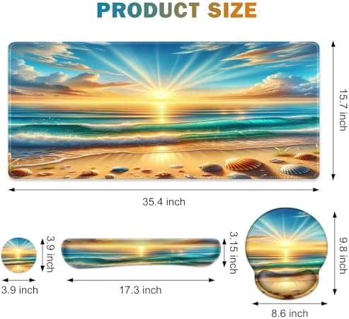Gaming Mouse Pad, Large Desk Mat, Cute Desk Pad Protector, 4in1 XXL Mousepad + Keyboard Wrist Rest+Mouse Wrist Rest+Coaster Set with Ergonomic Desk Pad for Home Office Computer, Beach Sun Shell