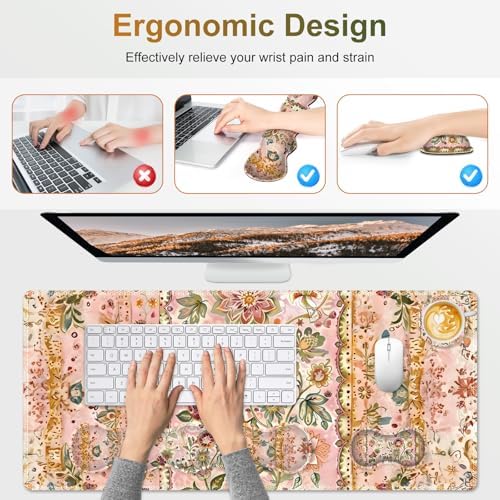 Desk Mat Gaming Mouse Pad, Cute Desk Matt Keyboard Wrist Rest for Desktop, Anti-Slip Mousepad w/Stitched Edges, XXL Large Mouse Pad with Wrist Support for Desk Computer I Pink Retro Flower Vine