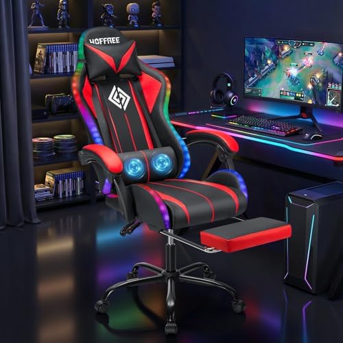 HOFFREE LED Gaming Chair with Massage RGB Lights Computer Game Chair-Red