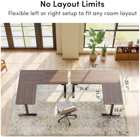 FEZIBO 63" x 55" L-Shaped Standing Desk - Adjustable Corner Desk L Shape, L-Shaped Adjustable Desk with Splice Board, L Shape Standing Desk, Black Walnut