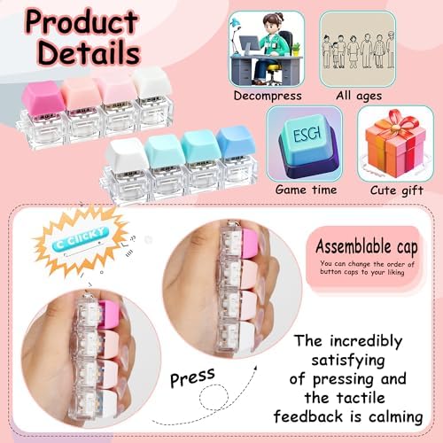 2 PCS Keyboard Fidget Toy, Keyboard Fidget Keychain 4-in-1 Keyboard Decompression Button Finger Clicker Toys, Button Stress Relief Fidget Gifts to Relief Stress (Blue Pink)
