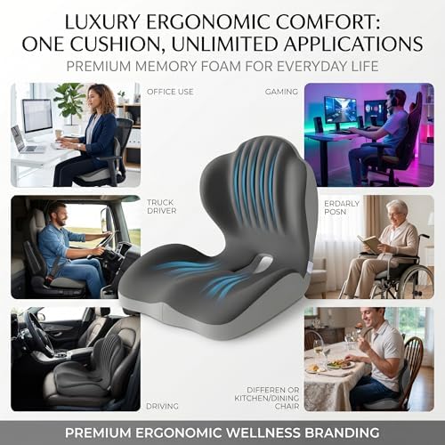 Memory Foam Seat Cushion with Lumbar Support, Ergonomic L-Shaped Car & Office Chair Cushion for Long Sitting, Orthopedic Coccyx Pillow for Sciatica & Back Pain Relief for Truck Drivers, Gaming & Home