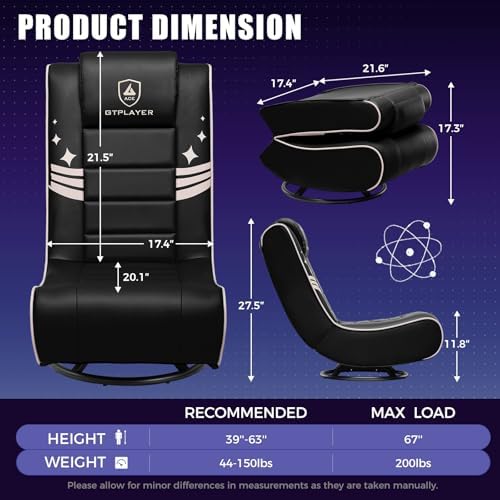 GTPLAYER Floor Gaming Chair Foldable Swivel Floor Chairs for Kids Boys Comfy Video Game Seat with 360° Multipurpose for Gamers, Bedroom or Game Room(Black-Gold)