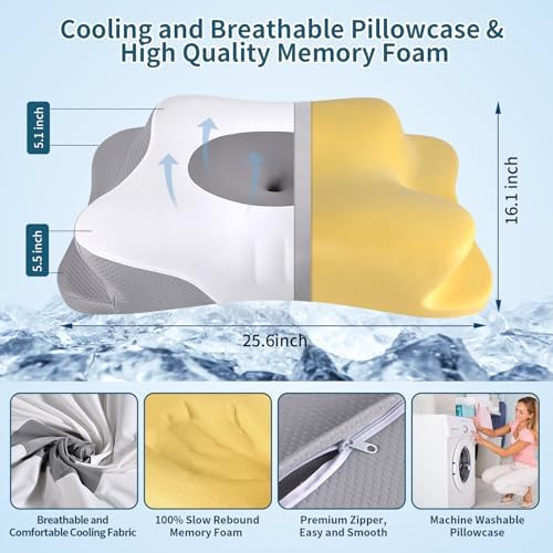 Cervical Neck Pillow for Pain Relief, Contour Memory Foam Pillows for Sleeping, Ergonomic Pillow Orthopedic Cooling Pillow Bed Pillow Neck Support for Side Back Stomach Sleepers (Lighr Grey)