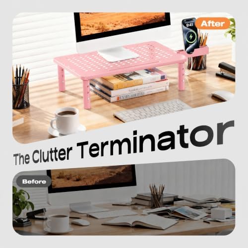 Computer Monitor Stand Riser for Desk, 3 Height Adjustable PC Laptop TV Desktop Monitor Stand Shelf, Metal Printer Table with Phone Holder, Stand Riser for Desk, Office Desk Organizers and Accessories, Pink 1 Pack