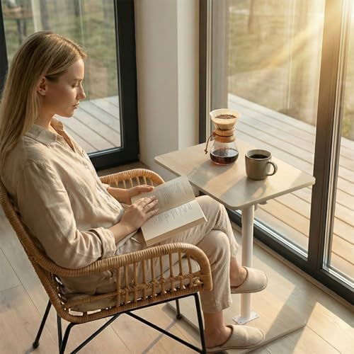 YUHFERA Sofa Armrest Tray Table for Couch - 360 Swivel Height Adjustable End Table for Small Spaces, Snack Side Table for Bed or Chair with Phone & Tablet Slot (Oak, Enlarged)