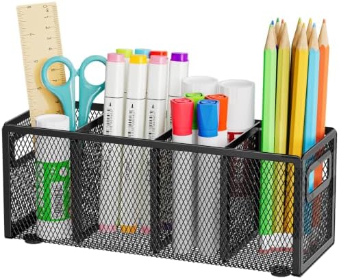 Marbrasse Mesh Pen Holder for Desk, Pencil Holder Desk Organizer 3 Adjustable Compartments, Pencil Cup with Handle Perfect for Classroom, Office, Home, Makeup, Art (4 Compartments - Black)