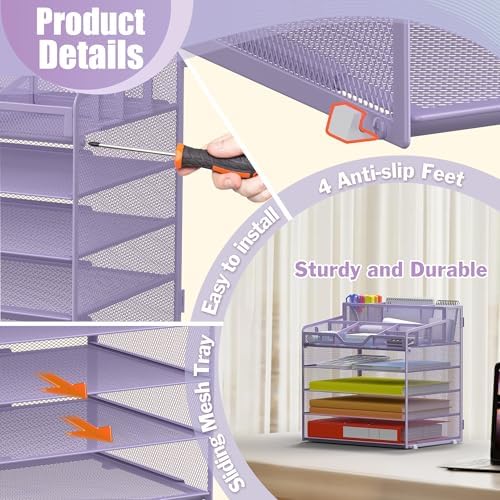 Docnest 5 Tier Mesh Desk Organizer with Letter Tray & Paper Sorter, Purple