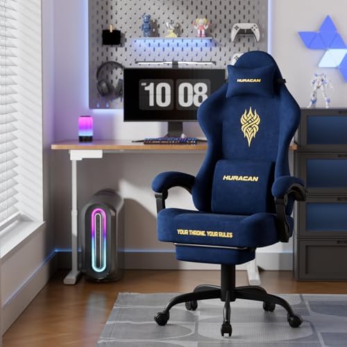 Ferghana Velvet Fabric Gaming Chair - 20.5″ Wider Seat Cushion, Fire Embroidery, Ergonomic High Back Game Chair with Footrest | Computer Chair with Massage Lumbar Support for Adult, Navy