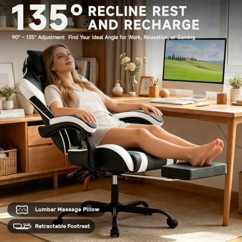 Ergonomic Gaming Chair,A Versatile 3-in-1 Video Game Chair for Work, Study, and Gaming,Features an Adjustable Backrest, Footrest, and Linked Armrests Office Chair for Adults,Blackwhite