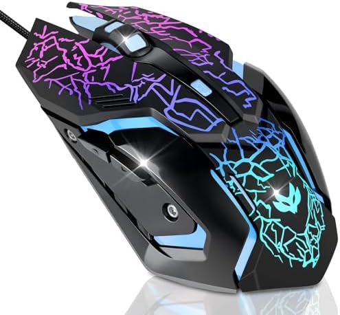 Wired Gaming Mouse,Ergonomic Optical Gaming Mice with 7 Color LED Backlight, 4 DPI Settings Up to 3600 DPI Computer Wired USB Mouse for Laptop/mac, 6 Buttons, Black