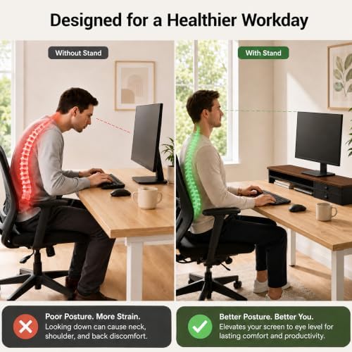 Dual Monitor Stand, 42.5 Inch Wood Monitor Riser with Drawers, 2 Tier Desktop Organizer for Computer Laptop TV, Large Screen Stand for Home Office Desk