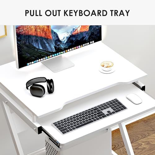soges Small Rolling Computer Desk, Z Shape Laptop Desk Cart on Wheels, Mobile Computer Workstation for Home and Office with Keyboard Tray, White