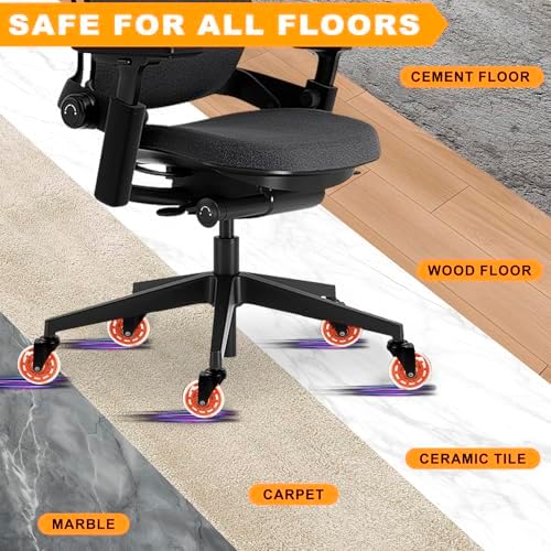 Office Chair Wheels for Casters Replacement - 3" Rubber Wheels for Computer Gaming Desk Caster Smooth & Safe Rolling for All Floors Including Hardwood and Carpet - Set of 5 - Orange