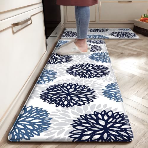 Kitchen Mats Set of 2 Cushioned Anti Fatigue Kitchen Rugs Non Slip Waterproof Runner Memory Foam Kitchen Floor Mat Comfort Standing Mat for Sink, Office, Laundry, Navy Teal