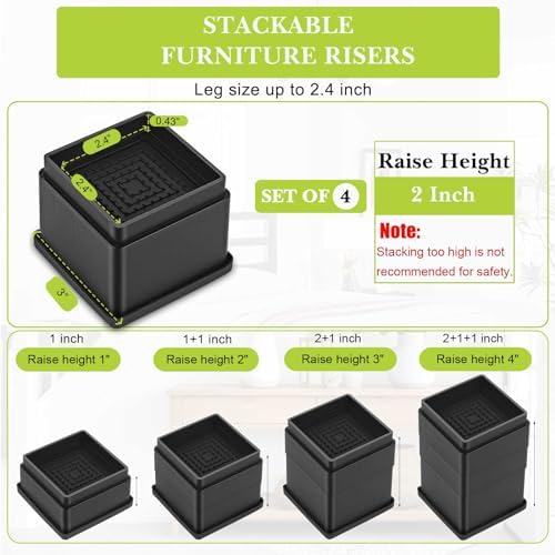 4 Pack Furniture Risers 2 Inch, Adjustable Bed Risers Heavy Duty for Table Desk Couch Chair Sofa Cabinet Bed Frame Dorm, Square Stackable Table Leg Risers Lift Height 2" or 4", Black