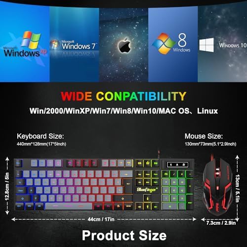 BlueFinger RGB Gaming Keyboard and Backlit Mouse Combo, USB Wired, LED Gaming Set for Laptop PC Computer Game and Work(Black & Gray)