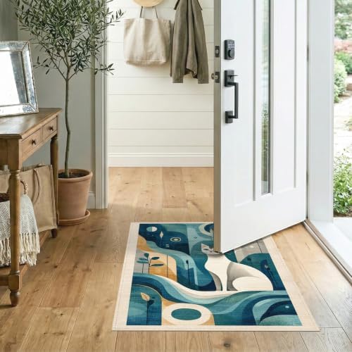 2'x3' Teal Blue Cat Boho Abstract Design Washable Doormat