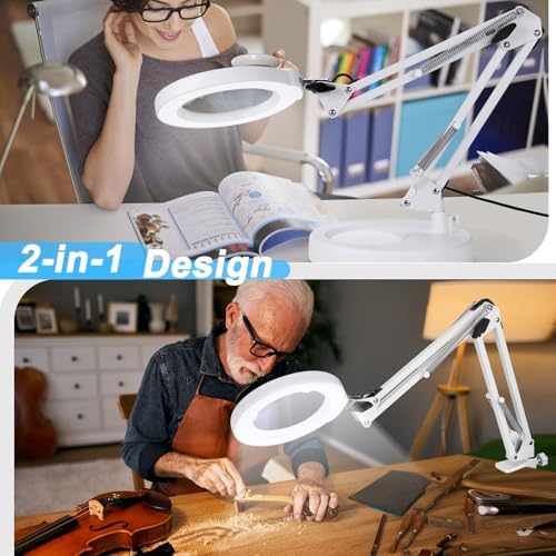 12X Magnifying Glass with Light and Stand, 5 Color Modes Stepless Dimmable 2-in-1 Lighted Magnifier with Clamp, LED Desk Lamp Hands Free for Crafts Hobby Reading Painting Sewing Close Work White