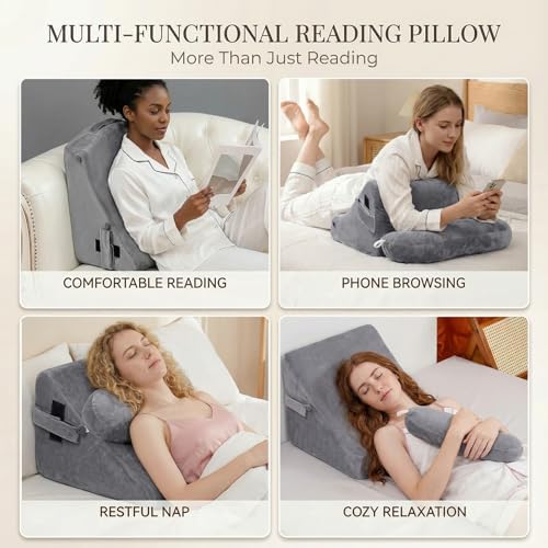 19 INCH Reading Pillow for Adults, Back Pillow for Bed Sitting Up, Backrest Pillow for Sitting in Bed, Detachable Arms with Built-in Cup & Phone Caddy (Gray, 19 INCH)