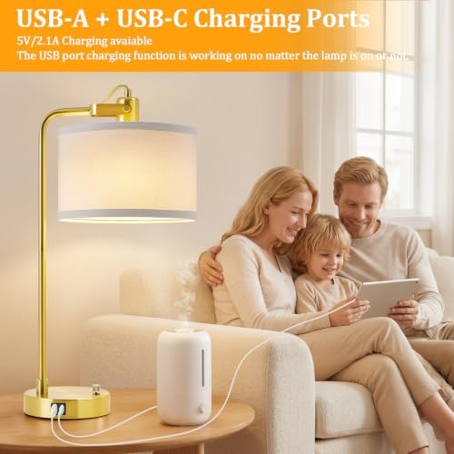 Gold Table Lamp Set of 2, USB A+C, 180° Adjustable Bedside Lamps, Dimmable