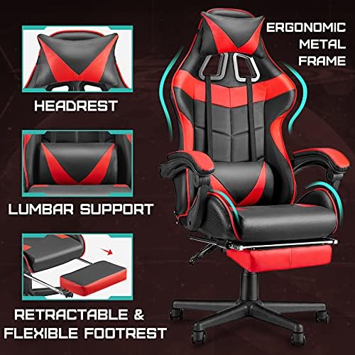 Huracan Gaming Chair with Footrest, Ergonomic Computer Chair Lumbar Support, Adjustable High Back Recliner for Adults, Racing Style Video Gaming Chairs, for Home Office Streaming, Red
