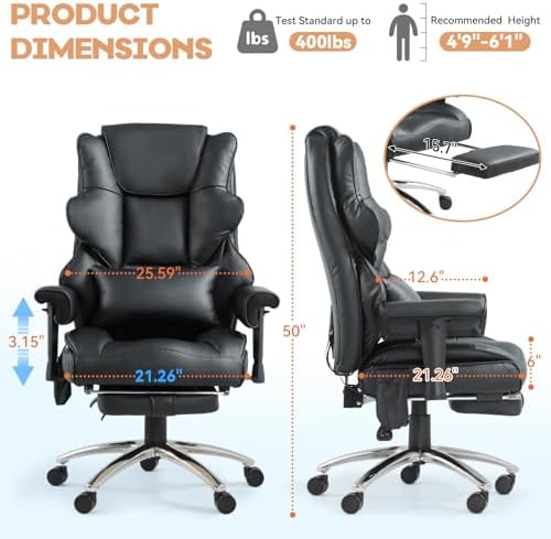 Vibration Massage Heated Office Desk Chair with Foot Rest, Black