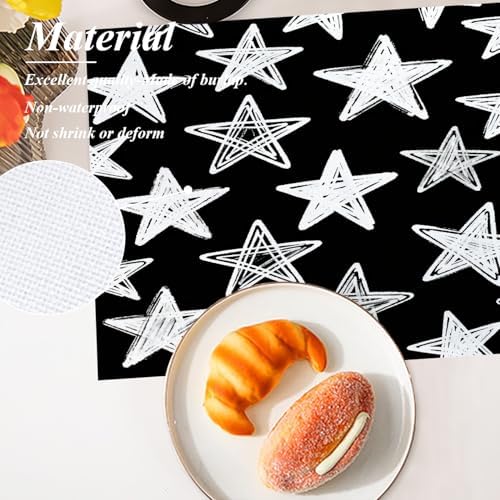 Shrahala Black White Set of 6 12 X 18 Inch Linen Placemats, Chalkboard Pattern Stars Burlap Table Mat Washable Double Layered Heat Insulation for Indoor/Outdoor