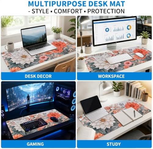 Extended Minimalist Flowers Desk Mat, XXL Large Gaming Mouse Pad, Aesthetic Florals Stitched Edges Waterproof with Non-Slip Rubber Base for Computer Keyboard Laptop Work Home Office 35.4"x15.7"