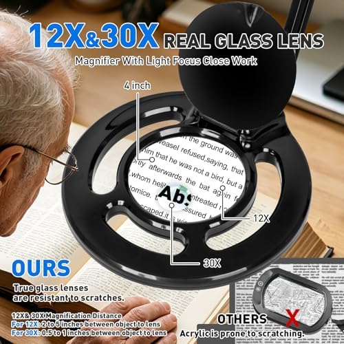 KIRKAS Magnifying Glass with Light, 2,200 Lumens Magnifying Lamp 12X 30X