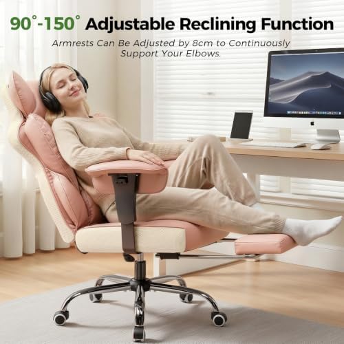 GTPOFFICE Big and Tall Office Chair 400LBS Wide Seat Computer Gaming Chair with Footrest & Comfy Lumbar Support, Leather High Back Executive Chair with Ergonomic Pressure Relief Seat Cushion, Pink