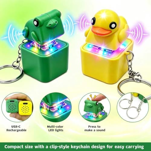 Frog Croaking Fidget Toy,Quacking Duck Stress Reliever Keychain with Colorful Lights,Rechargeable Keyboard Clicker,Stress Reliever for Anxiety and Sensory Fun(4PCS)