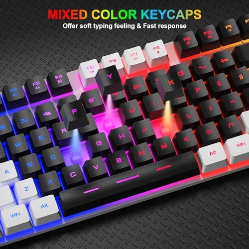 BlueFinger RGB Gaming Keyboard and Backlit Mouse Combo, USB Wired, LED Gaming Set for Laptop PC Computer Game and Work (White & Black)