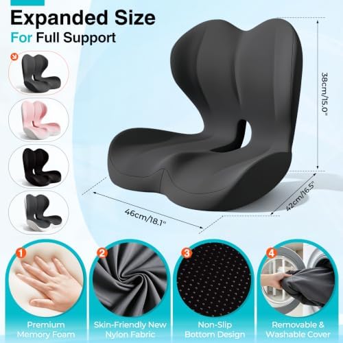 Seat Cushion for Office Chair and Car, L-Shaped Memory Foam Seat Cushions, Ergonomic Sciatica & Tailbone Pain Relief Cushion with Non-Slip Breathable Cover, Back Support for Office Chair-Dark Gray