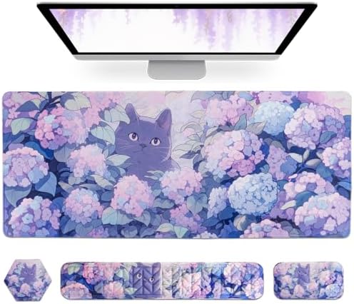 Petmolico 4-in-1 Wrist Rest Set with Desk Pad, Blue Flower Cat