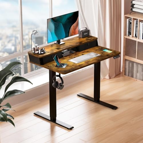 Kingant 40x24 Inch Electric Standing Desk with Dual Drawers, Rustic Brown