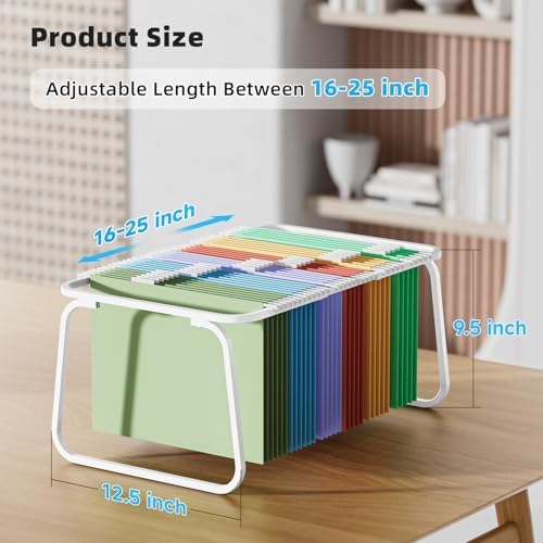 Marbrasse Hanging File Folder Frame, Adjustable Letter Size File Holder 16-25 Inches, Metal File Cabinet Rails for Office, Home, School, 2P(White)