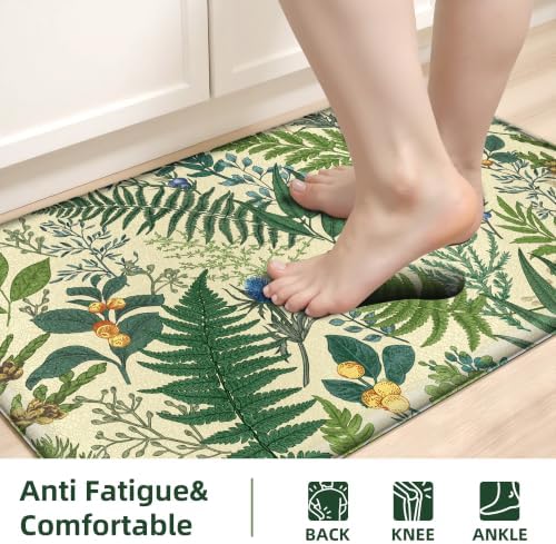2PC Botanical Kitchen Rugs Set, Beige Green, 17.3"x28" + 17.3"x47"