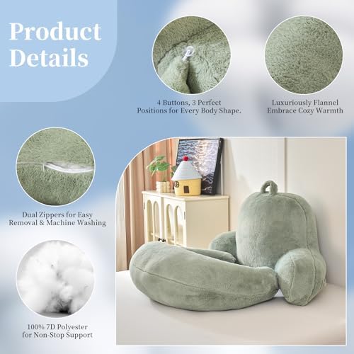 19" Reading Pillow for Bed,U Shaped Arm & Elbow Support,Green Faux Fur