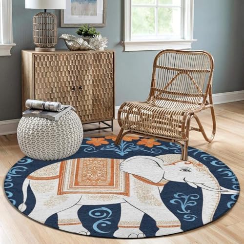 Large Home Decor Mat, Soft Round Yoga Carpet, Non Slip Machine Washable Kitchen Office Circle Rug Elephant