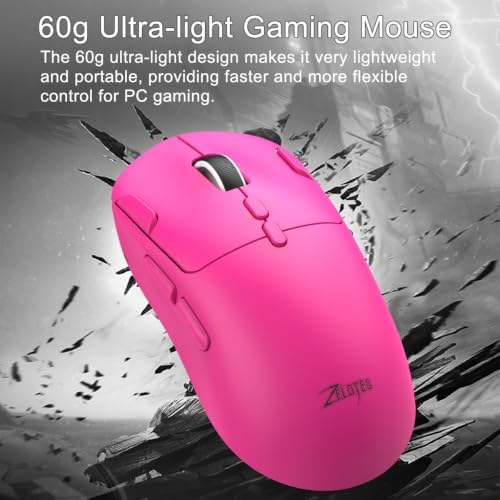 zelotes Gaming Wireless Mouse, Bluetooth Rechargeable with 9 Programmable Buttons,Ultra-Light 60g, 24,000 DPI, BT/USB 2.4G / Type-C, Ergonomic Optical Mouse for Laptop, PC,Office and Gamers (Pink)