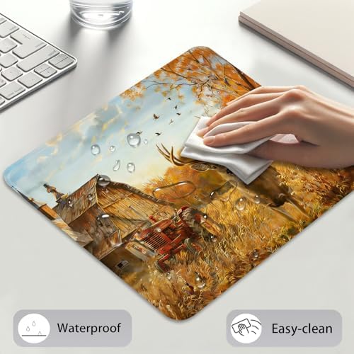 Deer Hunting Season Autumn Mouse Pad, Rustic Farm with Red Tractor Desk Mat