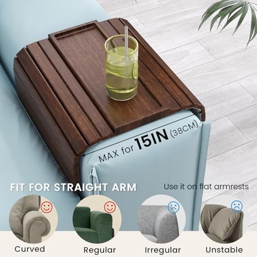 2 Pack Bamboo Folding Sofa Arm Tray with Anti-Slip Pad (Brown)