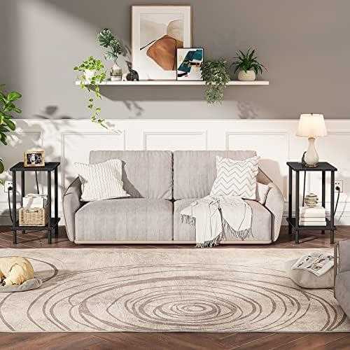 HOOBRO Side Table with Charging Station, Set of 2 End Tables with USB Port and Outlets, Nightstand with 2-Layer Storage Shelves for Small Spaces, Living Room, Bedroom, Black BK09UBZP201